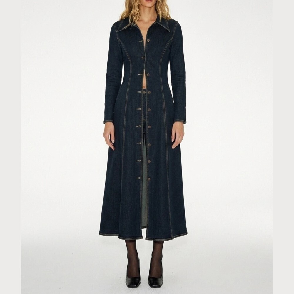 Dark Indigo Denim Collared Button Front Maxi Coat